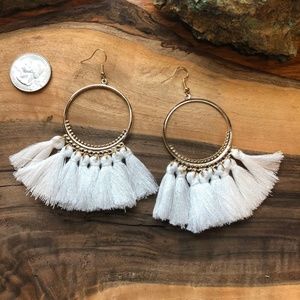 White Tassel Hoop Lightweight Chandelier Earrings